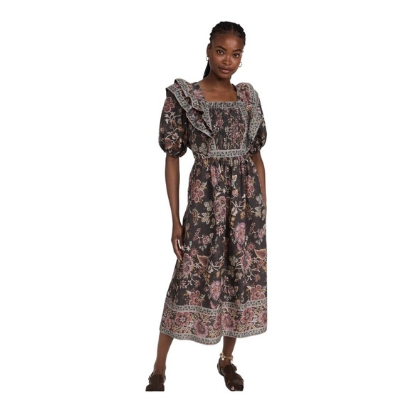 NWT SEA NEW YORK Tess Puff Sleeve Open Back Smocked Floral Midi Dress Size 4 - Picture 4 of 14